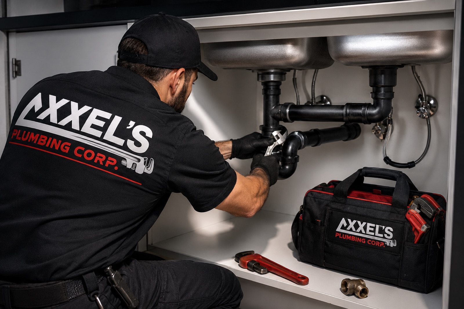 Axxel's plumber servicing fixtures and drain lines